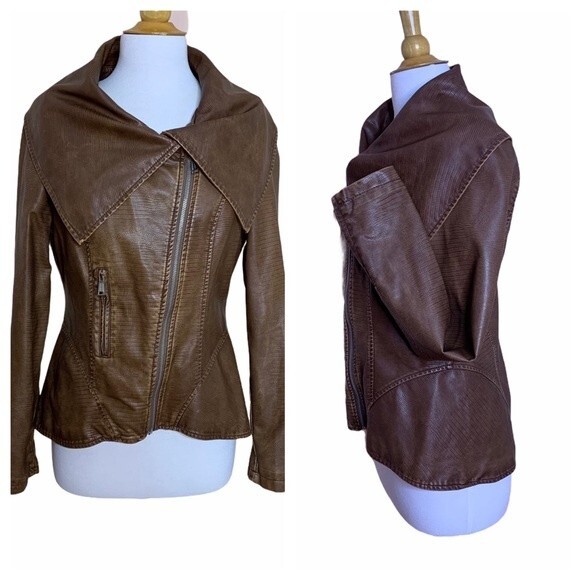 JOUJOU Brown Faux Leather Moto Jacket - Medium - Picture 4 of 10